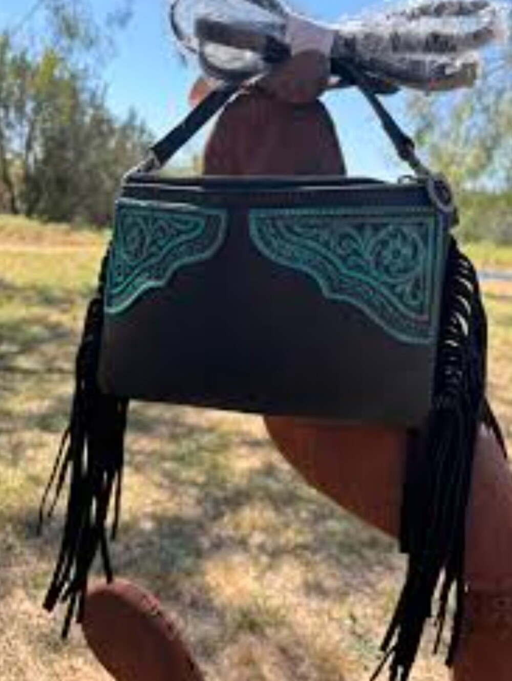 Montana West Black & Turquoise Tooled Leather Fringe Crossbody Bag With Tassels